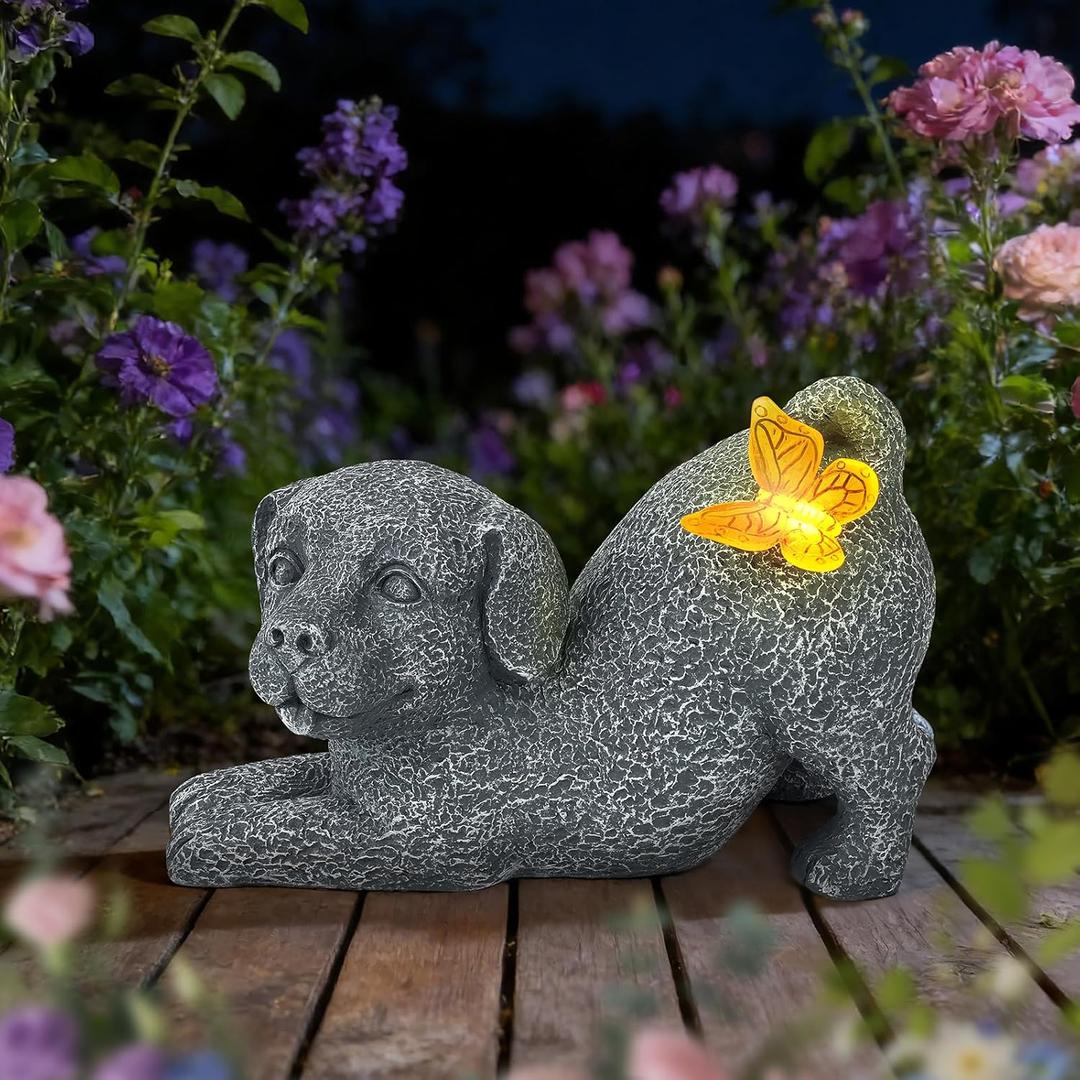 Solar Dog with Butterfly Light Statue, Outdoor Resin Puppy Garden Decor, Solar Powered Dog Figurine for Yard Patio Lawn, Waterproof Memorial Gift for Pet Lovers