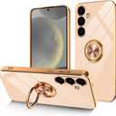 Dinick Pink for Samsung Galaxy S24+ Case with Ring Holder Kickstand [with Magnetic] Soft TPU Bumper, Glitter Gold Electroplated Cover Slim Thin Protective Phone Case for Galaxy S24 Plus