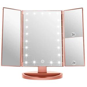 3 Folds Lighted Vanity Makeup Mirror,1X/2X/3X Magnification, 21 LED Light Bright Table Mirror with Touch Screen,180 Adjustable Rotation,Portable Travel Cosmetic Mirror (Rose Gold)