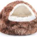 NOYAL Round Hooded Donut Dog Bed for Small & Medium Pets - Plush Fluffy Anti-Anxiety Cat Cave Bed with Cover (Medium 23.6'', Bandhnu Coffee)