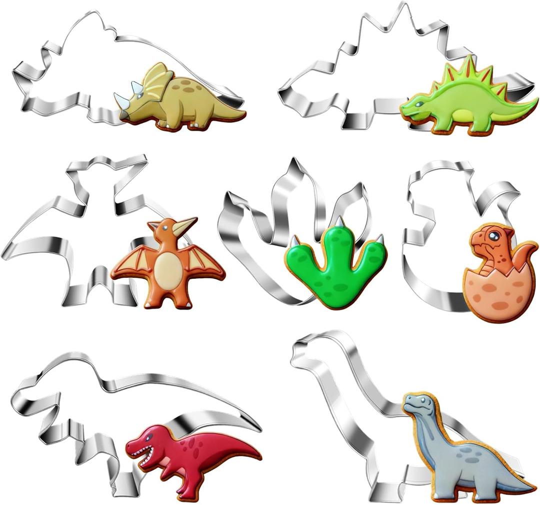 New Dinosaur Cookie Cutter Set - 7 Piece Stainless Steel Fun Dino Cookie Cutter for Kitchen, Baking, Dinosaur Birthday Party Supplies
