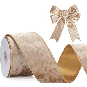 Gold Velvet Wired Ribbon, 2.5 Inch Metallic Crushed Velvet Gold Christmas Ribbon for Gift Wrapping, Christmas Tree Decorations, Big Bow, Crafts, Wreaths Supplies - Continuous 10 Yards