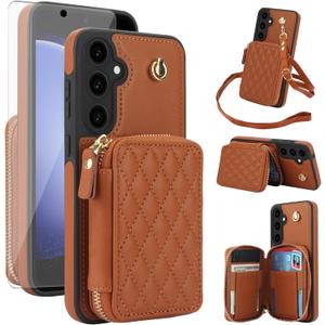 Phone Case for Samsung Galaxy S23 FE 5G Wallet Cell Cover with Tempered Glass Screen Protector Wrist Crossbody Strap Stand Lanyard RFID Blocking Credit Card Holder S 23 EF S23FE 23S Women Girls Brown