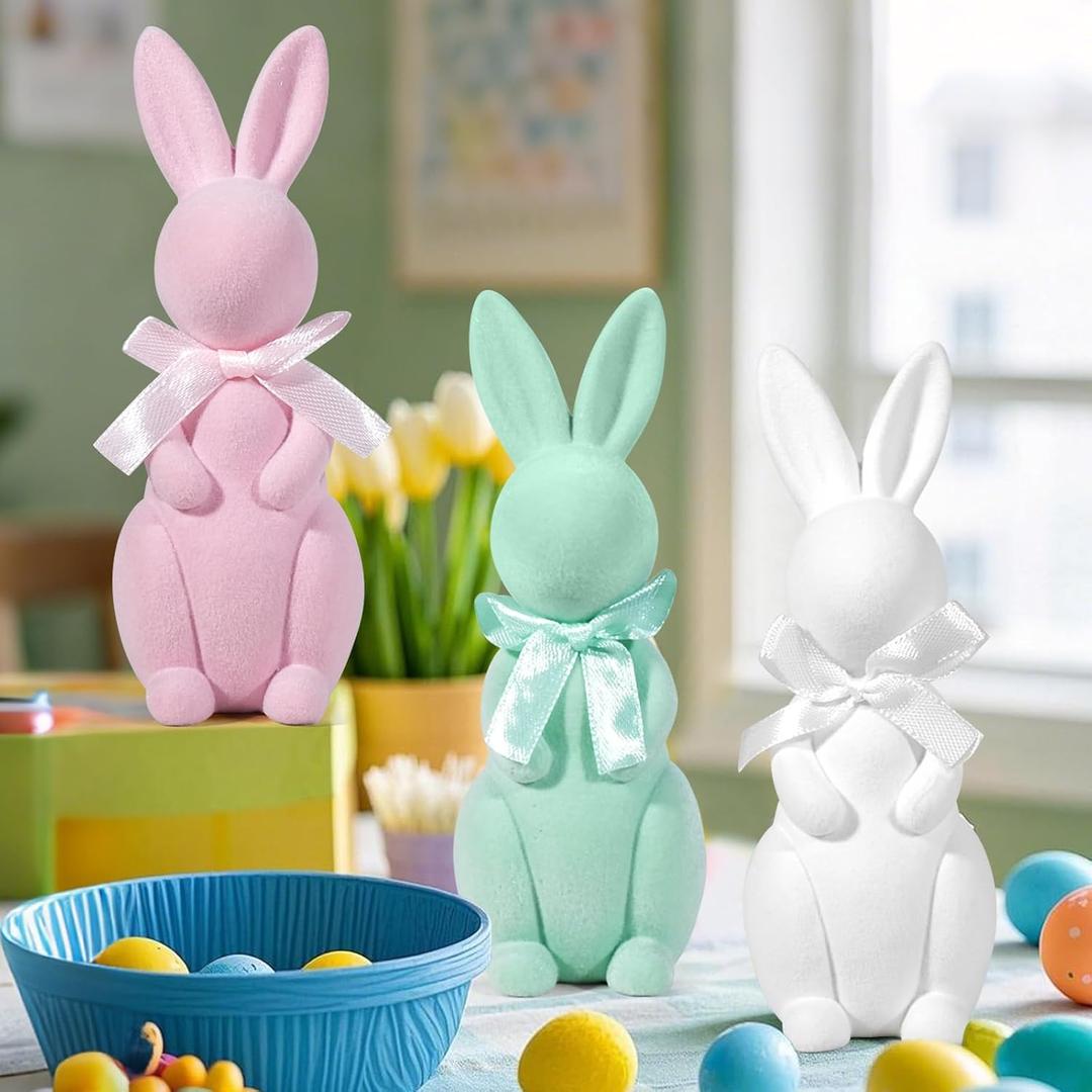 Easter Bunny Decorations, Flocked Bunnies Figurine with Soft Velvet Texture, 5.5" Resin Rabbit Ornaments, Spring Decor for Home Office Table Centerpiece Gift (Green&Pink&White)