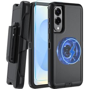 for Samsung S25 Edge Case [Compatible with MagSafe] with HD Tempered Glass Screen Protector, for Galaxy S25 Edge Heavy Duty Shockproof Protection Rugged Phone Cover(with Belt Clip-Black-MAG)