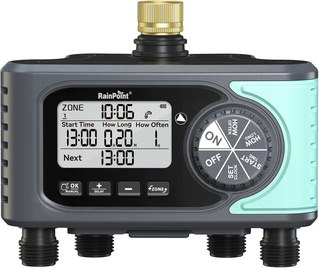 RAINPOINT Sprinkler Timer, 4 Outlets Hose Timer with Brass Inlet with Rain Delay/Manual/Automatic Controller System, Programmable Digital for Lawn Yard, 4 Zone (Sky Blue)