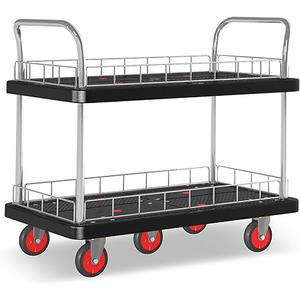 Utility Service Cart 2 Shelf - 880lbs Capacity Heavy-Duty Plastic Rolling Utility Carts with 5 of 360° Swivel Wheels and Handle, Large Service Cart for Groceries, Warehouse, Garage 43.5''x25.6''