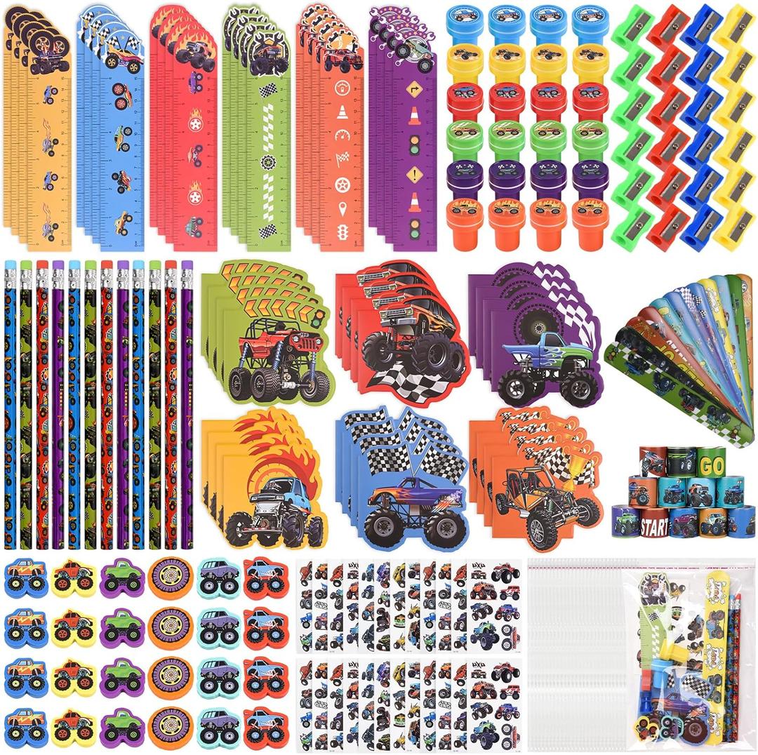 Ulema 24 Pack 216Pcs Monster Truck Party Favors , Race Car Themed School Stationery with Sticker Stamper Eraser Ruler Bulk for School , Stuffers Pinata Filler Supplies Classroom Prize