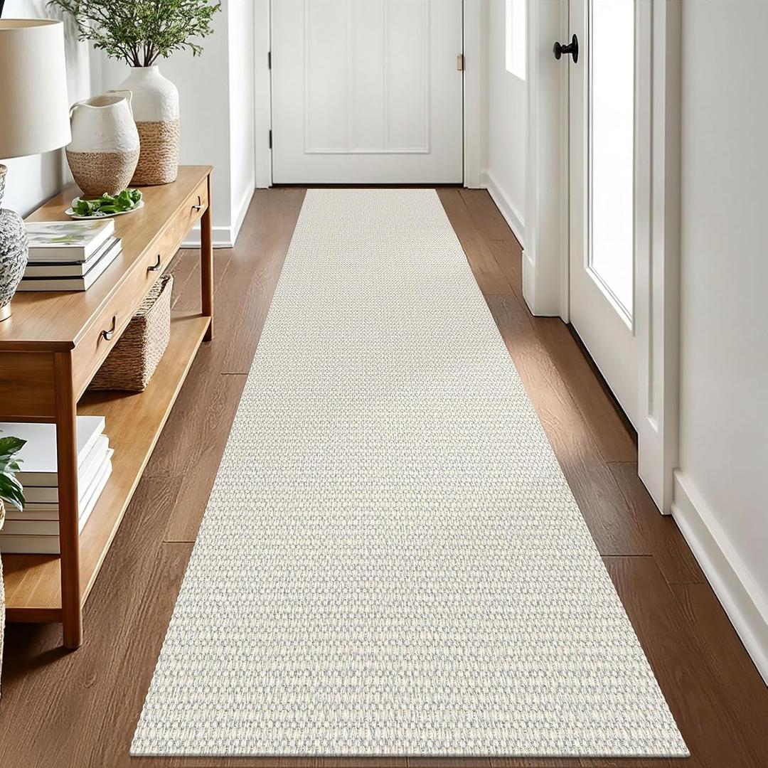 EARTHALL Woven Runner Rug 2x8 Ft Washable Runners for Hallways Cotton Rubber Backed Kitchen Runner Braided Indoor Floor Carpet Runners for Entryway, Hallway, Kitchen, Bedroom, Cream/Grayish