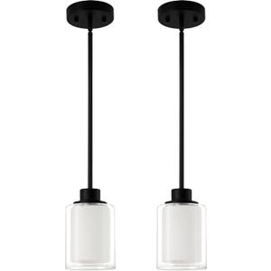 1-Light Mini Pendant Light Fixtures, 2-Pack Modern Hanging Ceiling Lighting, Adjustable Height, Black Pendant Lamp with Dual Glass for Kitchen Island Bedroom