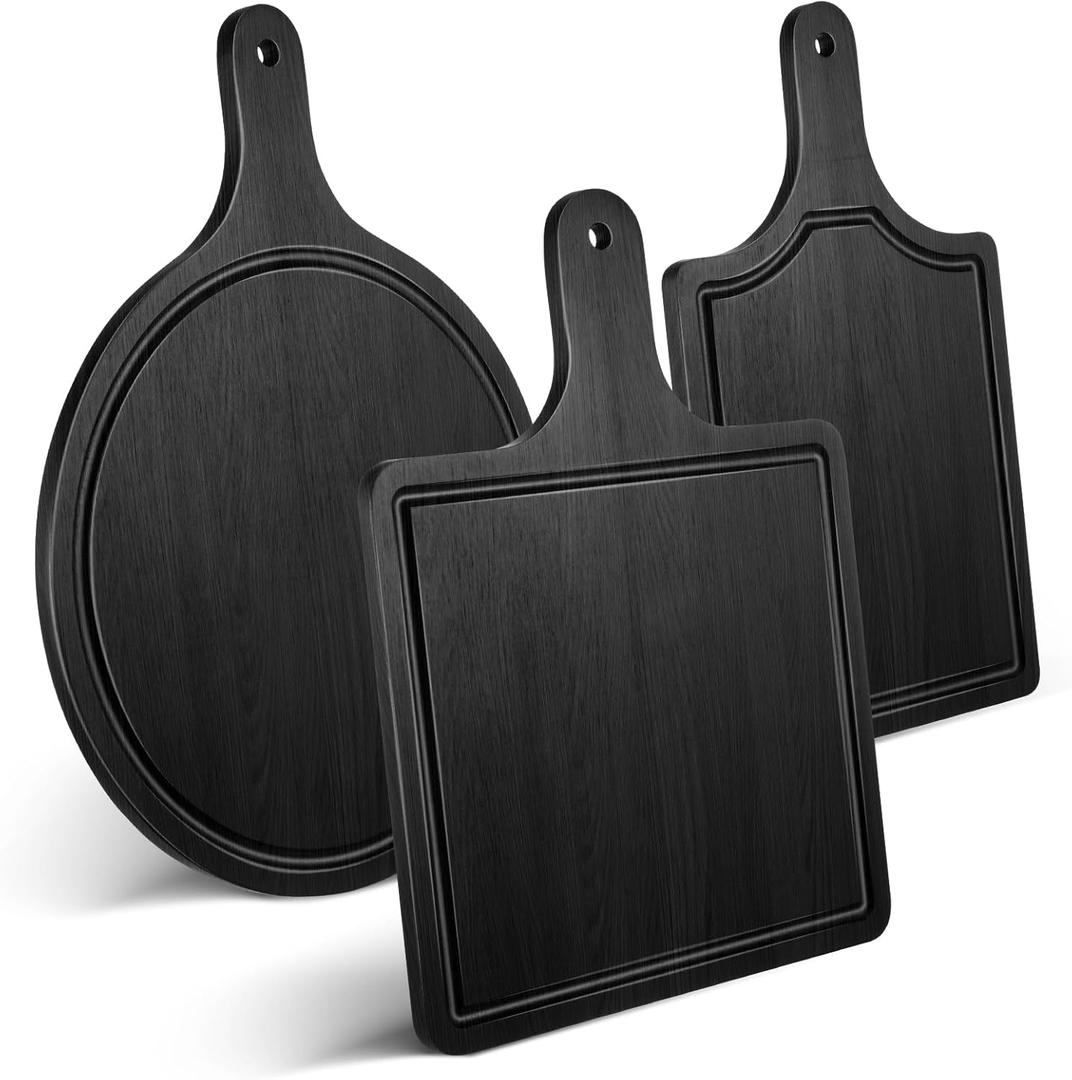 Geetery 3 Packs 12 Inch Black Wood Chopping Boards with Handle and Deep Juice Groove Small Bamboo Wooden Pizza Paddle Serving Boards Tray Charcuterie Plank Chopping for Cheese Steak Bread