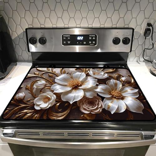 Glass stove top cover 28"x 20", Stove Top Covers for Electric Stove, Flat Range Mat for Glass Cooktop, Kitchen Heat-Resistant Protector Non-Slip Drying Mat (Golden Flowers)