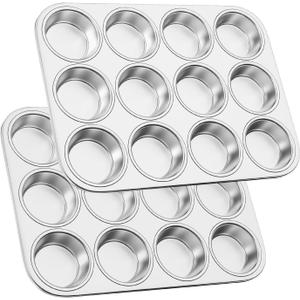 12-Cup Stainless Steel Muffin Pan, Cupcake Pan Metal Muffin Baking Tins for Oven & Dishwasher Safe, Cupcake Pans for Baking Non-toxic & Easy Clean Set of 2
