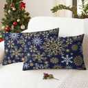 CaliTime Christmas Throw Pillow Covers Decorative 20 X 12 Inches Pack of 2 Cozy Fleece Snowflakes Cushion Cases for Couch Sofa Bed Living Room Navy Blue
