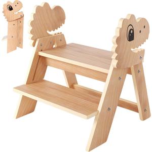 Beech Wooden Toddler Step Stool, 2-Step Foldable Stool for Kids with Non-Slip Surface, Baby Bathroom Stool for Potty Training, Bathroom Sink, Kitchen Counter with Cute Dinosaur Design