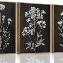 KISSFOX Framed Floral Botanical Canvas Wall Art Vintage Black Background Plant Poster Prints Set of 3 Grey and White Wildflower Painting Modern Farmhouse Decor Pictures Living Room Bathroom Bedroom (Black Floral, 16"x24" Natural Framed)