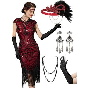YESSA 1920s Flapper Dresses for Women Great Gatsby Dress Roaring 20s Costumes Sequin Harlem Nights Dress with 20s Accessories (M)