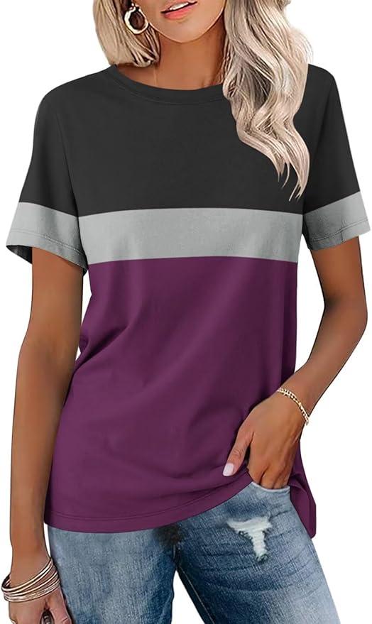 Minetom Women's T Shirts Short Sleeve Color Block/Solid Tops Casual Summer Tees, Small