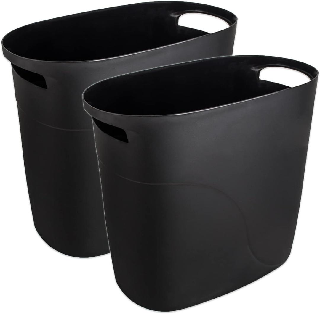 Small Trash Can Plastic Bathroom Wastebasket 3.2 Gallon Slim Garbage Container Bin with Handle for Home Kitchen Bathroom Bedroom Office, 2 Pack (Black)