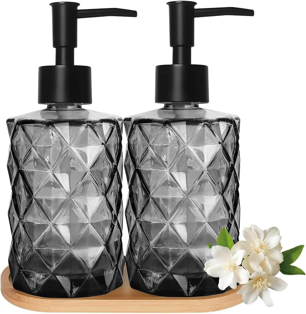 GKSCXEXE 2PCS Black Glass Diamond Soap Dispenser Set, 12 oz, 2 Pack, Reusable, Refillable, Eco-friendly, Clear, Tray & Plastic Pump, Kitchen, Bathroom