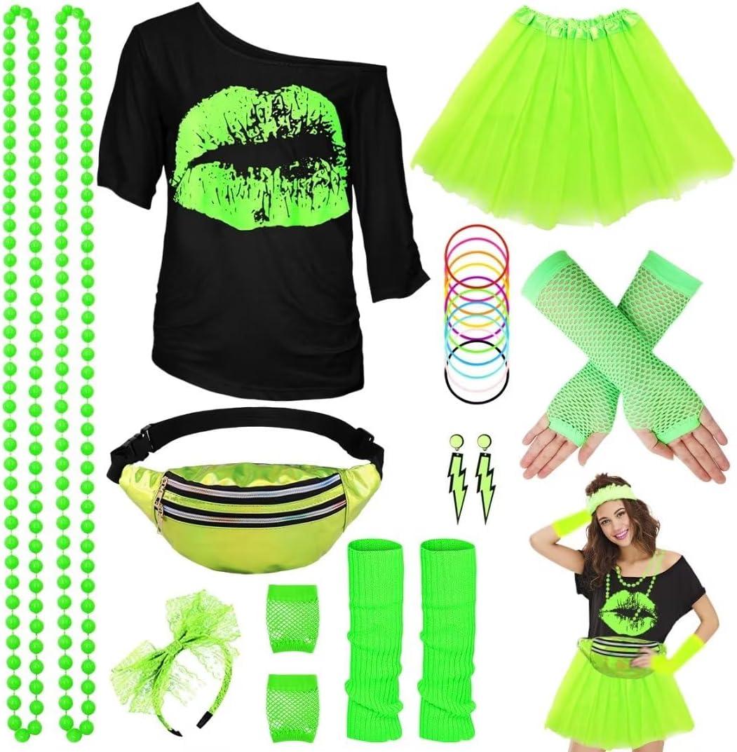 WILDPARTY 80s Costume Accessories for Women, T-Shirt Tutu Fanny Pack Headband Earring Necklace Fishnet Gloves Legwarmers (Large, Green)