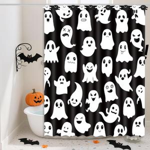 Shower Curtain Set 72x72 Inch Gothic Ghost Floral Design, Black & White Fabric Bathroom Curtain with Hooks and Ghosts Decor for Bathroom