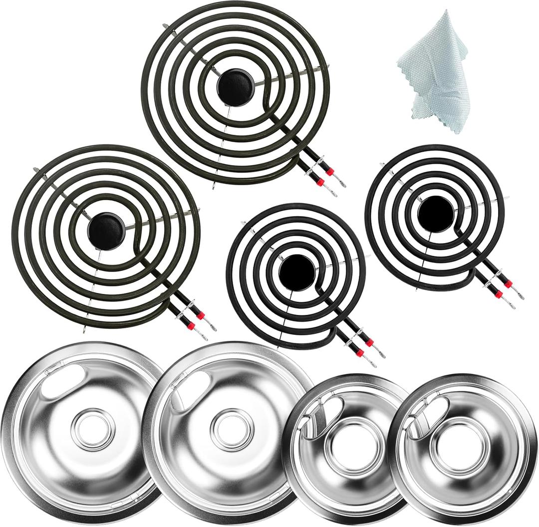 UPGRADEDW10196405 W10196406 Electric Stove Burner Drip Pans & MP21YA MP15YA Electric Range Burner Element Unit Set fit for Whirlpool Kenmore Amana Range Oven/Stove by Cenipar