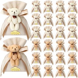 Shinylin 24 Pcs Gift Bags for Baby Shower 5.3 x 7.1 Inch Cute Plush Bear Party Favor Linen Drawstring Bag for Guest Bulk with Bear and Thank You Acrylic Sign Baby Shower Party Supplies(Beige)