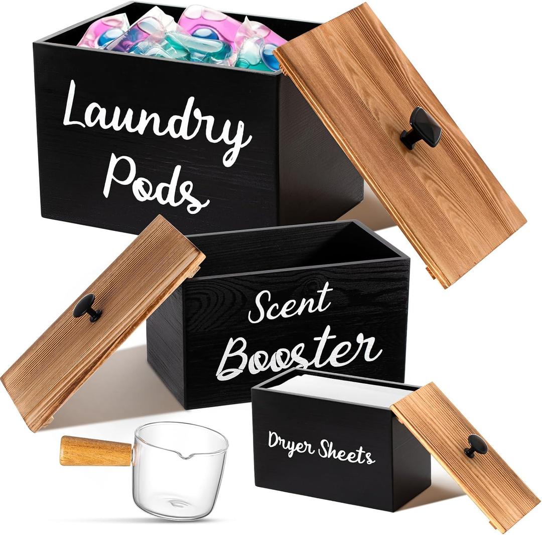 Dandat 3 Pcs Wood Laundry Pods Container Dryer Sheet Holder Dryer Sheets Holder Scent Booster Container Set with Scoop Rustic Laundry Room Beads Dispenser for Storage(Black)
