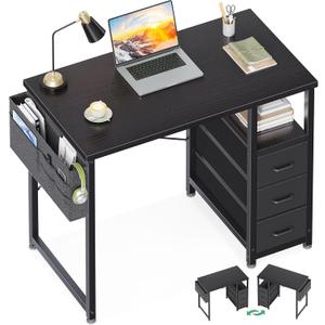 AODK 32 Inch Small Computer Desk with Fabric Drawers, Black | Mini Desk with Storage Shelf & Bag, Kids Study Desk for Bedroom, Home Office Desk for Small Space