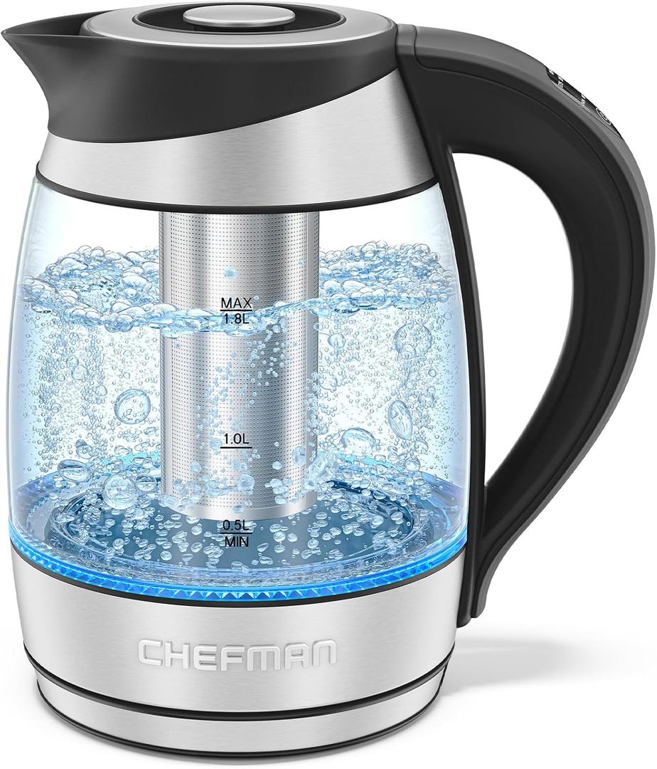 Chefman Electric Kettle with Temperature Control, 5 Presets LED Indicator Lights, Removable Tea Infuser, Glass Tea Kettle & Hot Water Boiler, 360 Swivel Base, BPA Free, Stainless Steel, 1.8 Liters