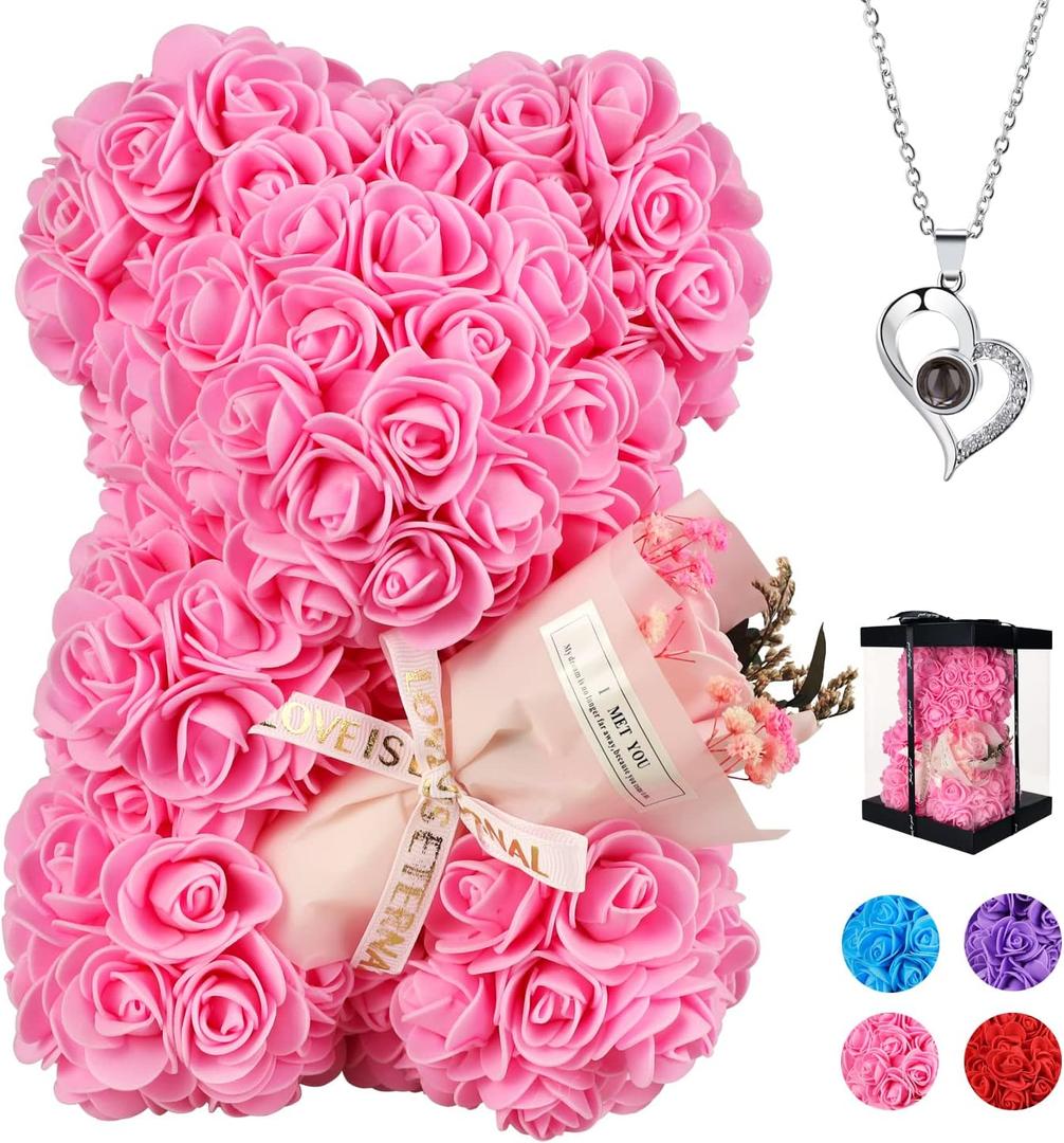 Mothers Day Rose Gifts for Mom, Rose Bear Gifts for Mom from Daughter,Birthday Gift for Her Rose Teddy Bear with I Love You Necklace in 100 Languages(Pink) (Pink-1)
