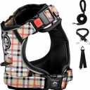 FURRYFECTION Plaid Dog Harness for Medium Dogs | No Pull Reflective Pet Harness | No Choke Adjustable Dog Vest Harnesses | with Leash | Easy Control Handle | Front Lead | Seat Belt | Beige&White | M