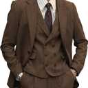 Mens Formal Tweed Wool 3 Piece Wedding Slim Fit Suit Prom Tuxedos Groomsmen, Brown, Large