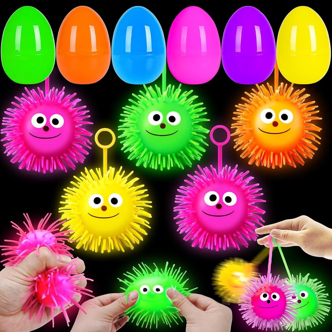 8 Pack Jumbo 4" Easter Eggs Filled with LED Puffer Balls, Light Up Squeeze Spiky Toys for Kids Stress Relief, Glow in The Dark for Easter Hunt Basket Stuffers Party Favors