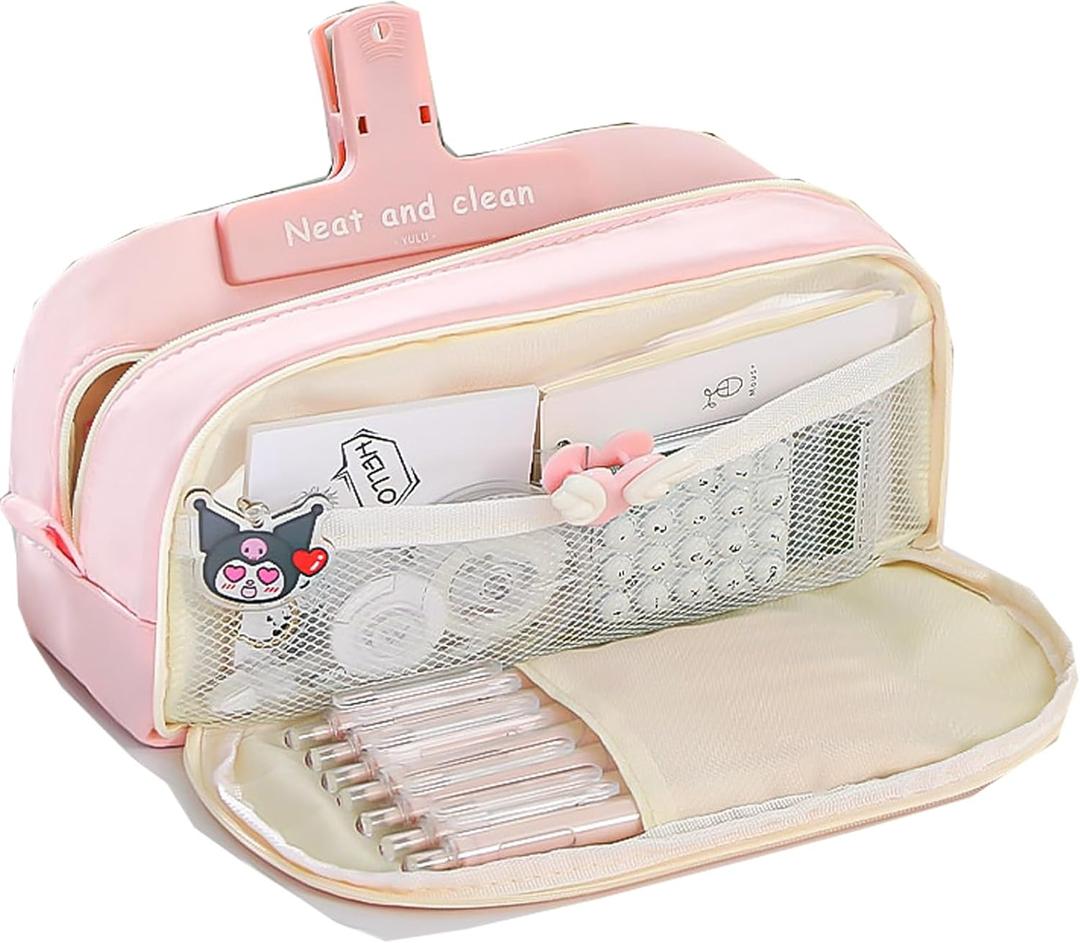 Pencil Case - Minimalist Large Capacity Aesthetic Pencil Pouch with Strong Zipper, Mesh Stationery Organizer Pen Pouch with Compartments for College, office, Travel, for Women Men (Pink)