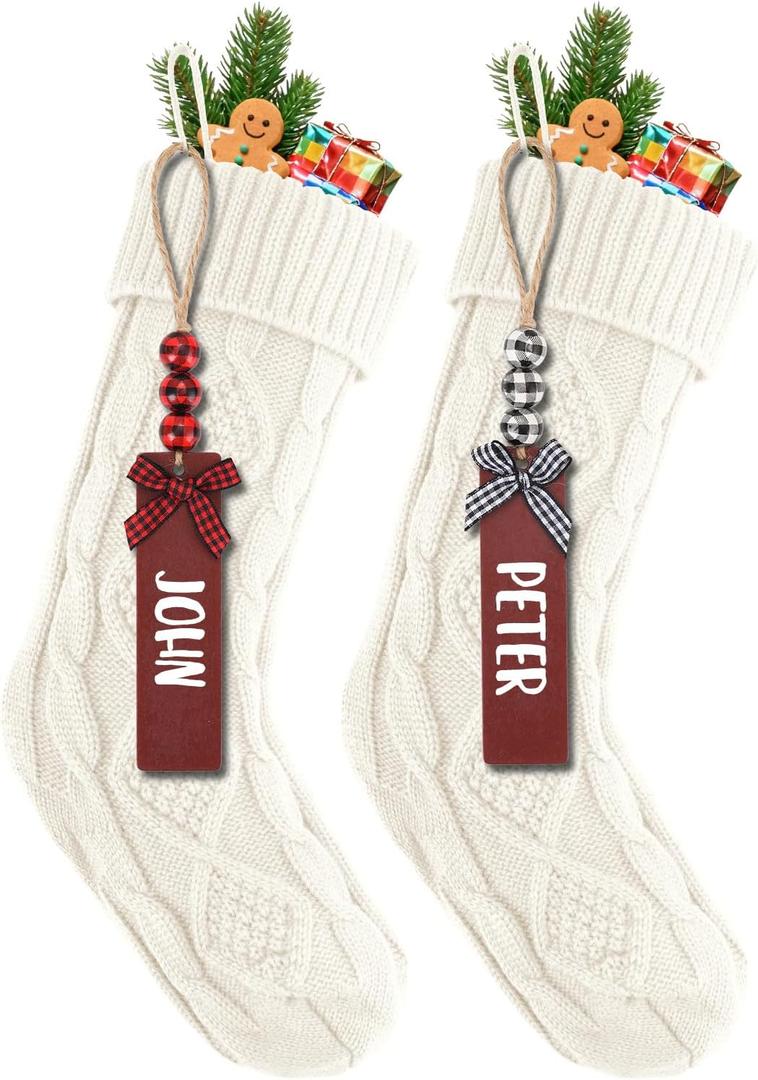 2PACK 18Inch Cable Knitted Personalized Christmas Stockings, Personalized Hanging Stockings for Holiday Party, Christmas Tree, and Family Home Decor in White
