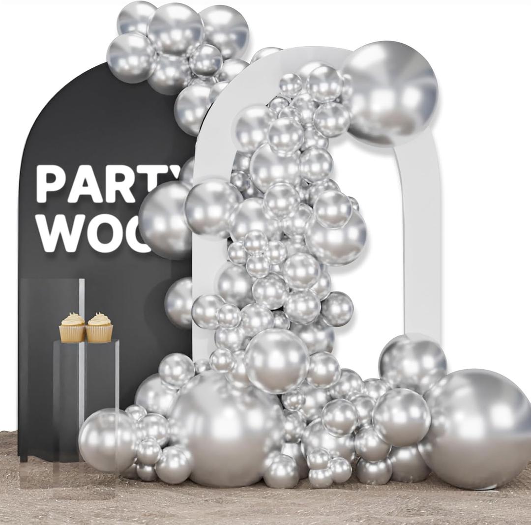 PartyWoo Silver Balloons 123 pcs Different Sizes of 18 12 10 5 Inch Silver Balloon Arch Kit Garland for Birthday Graduation Bachelorette Engagement Bridal Shower Wedding Party Decorations Silver-G102
