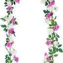 2 Pcs Artificial Flowers Garland for Outdoors Faux Gardenia Garland 12Ft Purple and White Silk Rose Hanging Vines Floral for Wedding Arch Party Wall Garden Ceremony Backdrop Fence Spring Decor