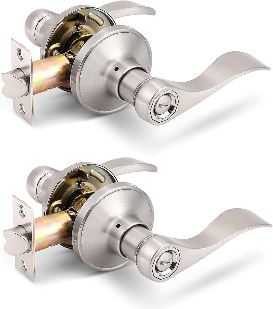 Gobrico 2 Pack Satin Nickel Privacy Bed and Bath Door Levers, Interior Keyless Door Handles, Wave/Drop Style Knobs for Left/Right-Handed Doors