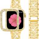 SUPOIX Compatible with Apple Watch Band 38mm + Case, Women Jewelry Bling Diamond Metal Bands & 2 Pack Protective Cover Cases for iWatch Series 3/2/1(Gold)