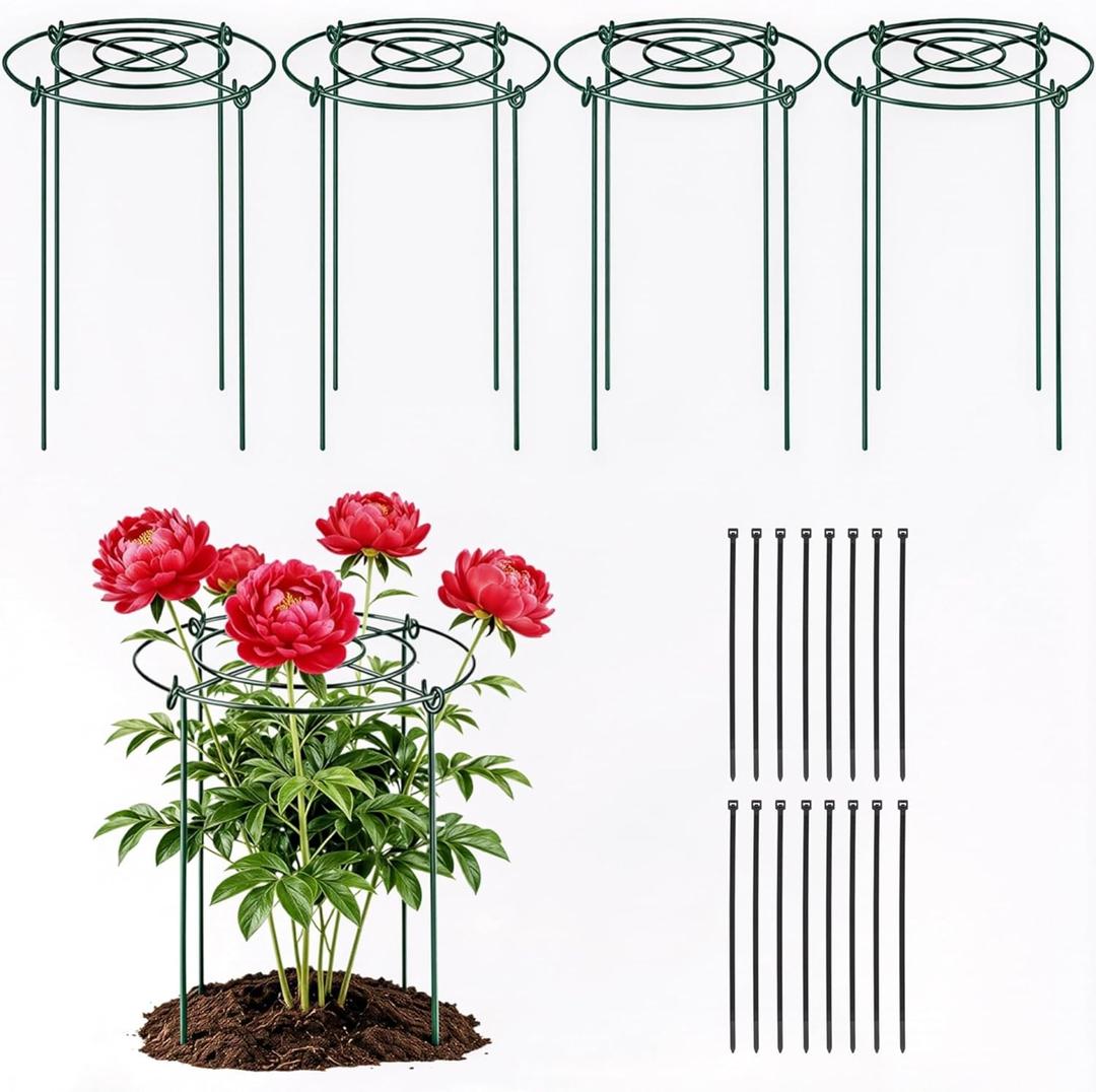 4 Pack Peony Cages and Supports, 11.8" Dx16 H Plant Cages, Peony Support with 16 Clips for Outdoor Plants, Heavy Duty Metal Peony Cage, Flower Support Rings for Rose, Tomato, Hydrangea, Strawberry