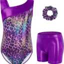 Gogokids Gymnastics Leotards for Girls Sparkly Rhinestone Dance Unitards Biketards with Shorts Activewear (6-7 Years, Purple)