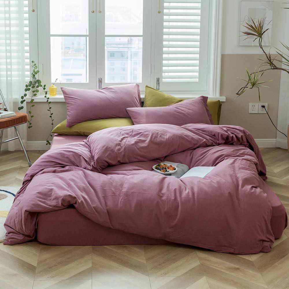 AMWAN Modern Purple Mauve Solid Cotton Duvet Cover with 2 Pillowcases, King Size, Knit Comforter Cover, Luxurious Bedding Set