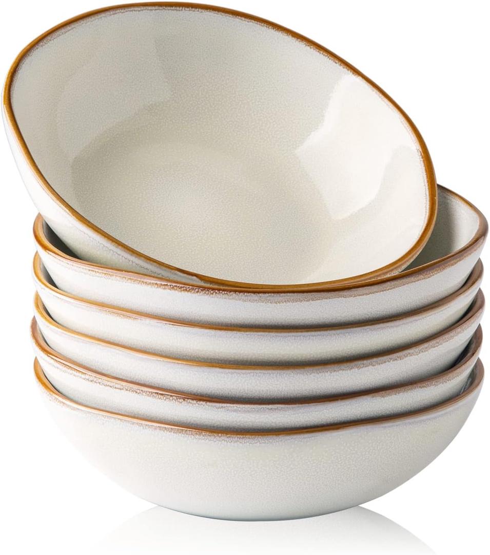 AmorArc Ceramic Cereal Bowls Set of 6, 24 oz Handmade Stoneware Bowls Set for Cereal Soup Salad Bread, Stylish Kitchen Bowls for Meal, Dishwasher & Microwave Safe, Reactive-Pearl White