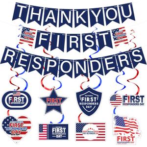35 Pcs National First Responders Day Banner Thank You Week Decorations Red and Bule Hanging Swirls Wall Decor Holiday Celebrating Events for Festival Party Supplies