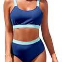 Womens High Waisted Bikini Sets Sporty Crop Top Color Block Swimwear Bandeau Scoop Neck Vintage Two Piece Bathing Suits (Blue, M)