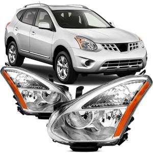 Headlights Assembly Compatible With 2008-2013 Nissan Rogue, 2014-2015 Nissan Rogue Select Chrome Housing Amber Reflector, Halogen Model Replacement Head Lamp Assembly Set