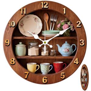Rustic Kitchen Clock 12 Inch Non-Ticking Flat Printing Pattern Clocks Round Wall Hanging Clock Battery Operated for Bedroom Living Room Kitchen Office