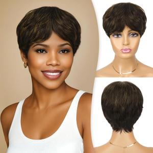 RUWISS Pixie Cut Wig Human Hair Wigs Human Hair Wig with Bangs Natural Short Black Wig Layered Wavy Different Style Short Wigs for Black Women (F2/30#)
